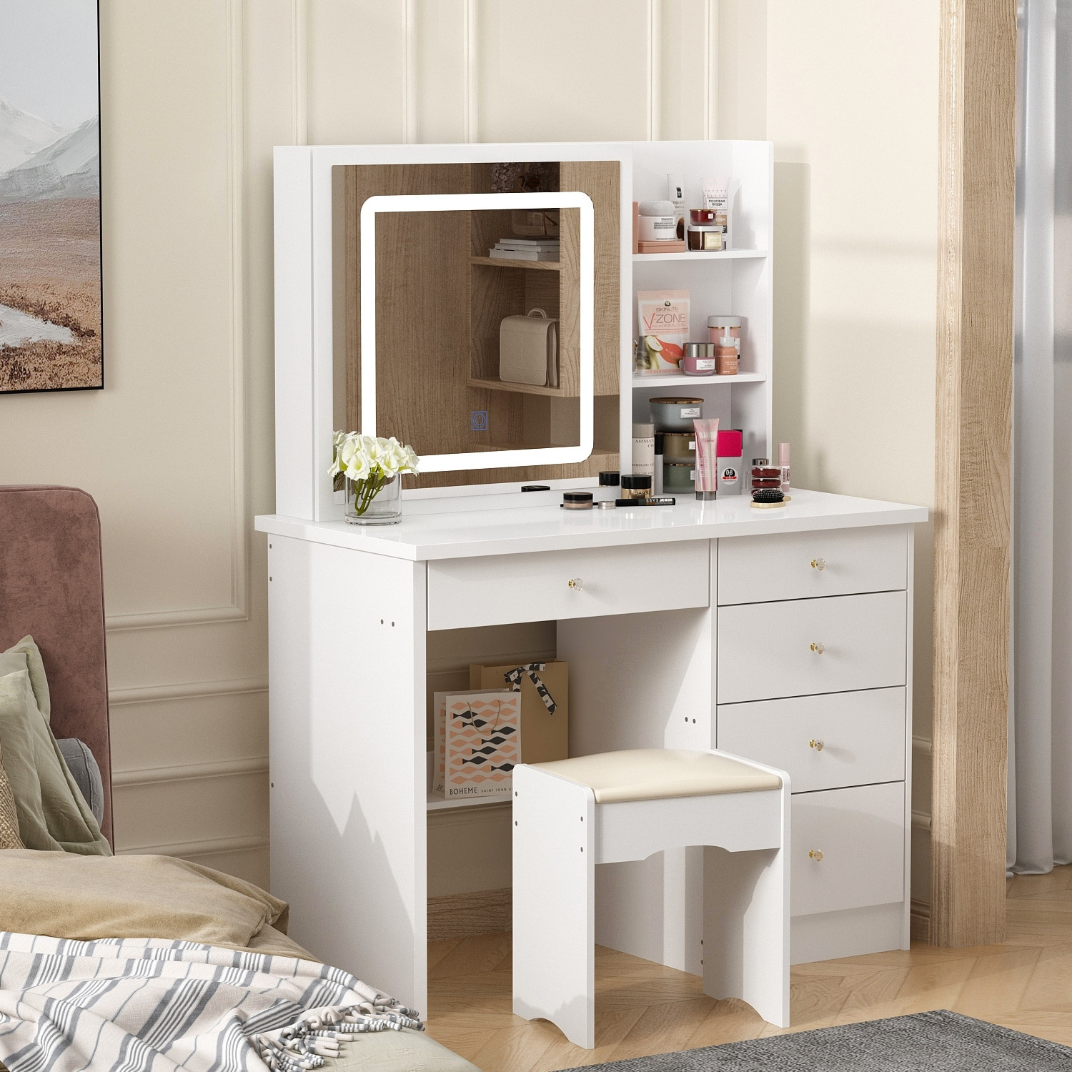 Timechee Vanity Set with Sliding Lighted Mirror and Storage