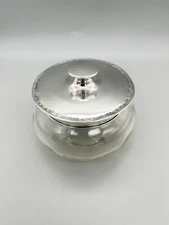 GEORGE V GLASS & STERLING SILVER POWDER BOWL w/ MIRROR, BIRMINGHAM, 1911