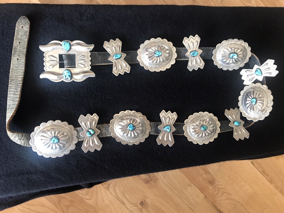 Vintage German Silver And Turquoise Concho Leather Belt | eBay