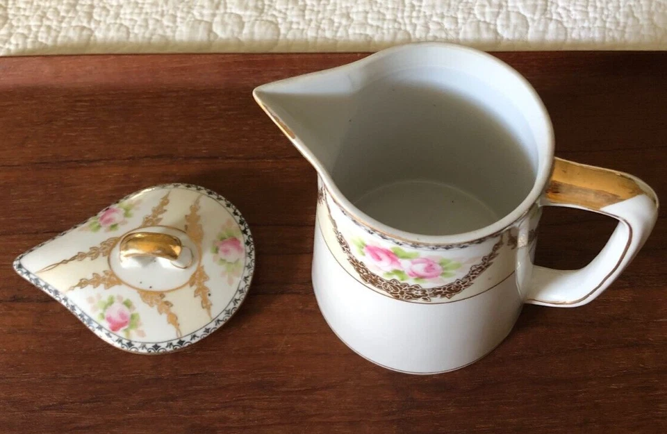 Jarra de crema con tapa de 8 oz, Grandmacore, Noritake "M", pintada a mano Foto 3 de 4