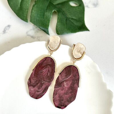 Raspberry Sparkle Swirl Resin Stone Slice Gold Earrings Statement Jewelry NEW