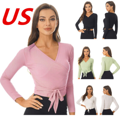 US Womens Long Sleeve Ballet Belly Dance Cardigan Wrap Top V Neck Active Shirts