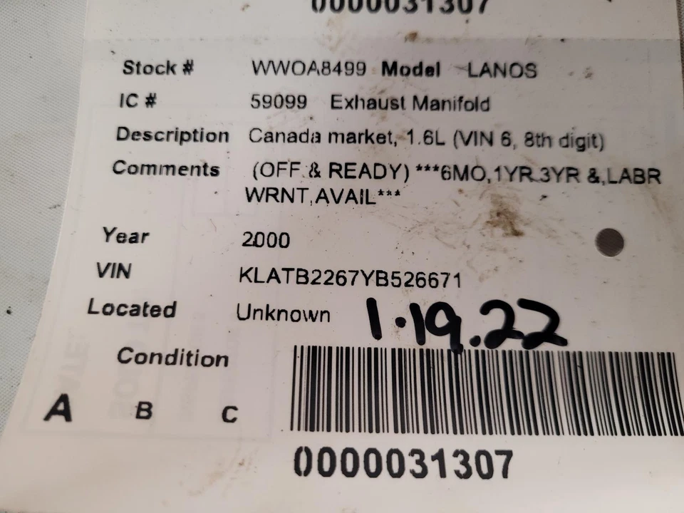 Colector de escape usado se adapta a: 2000 Daewoo Lanos Canada Market 1,6 L VIN 6 octavo dígito Foto 4 de 4