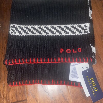 NWT POLO Ralph Lauren HERITAGE KNIT SCARF Wool BLACK RED WHT