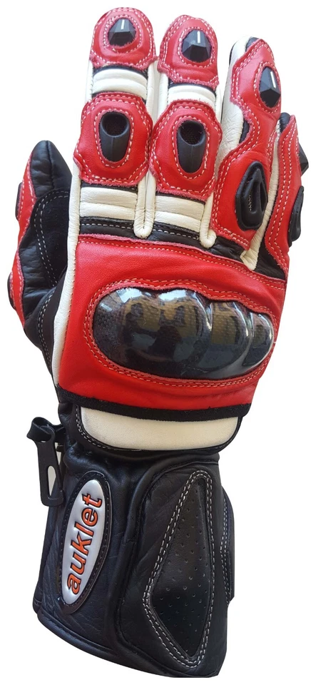 Guanti moto pelle protezioni rigide dita palmo nocchie in carbonio pista Rosso - Immagine 2 di 4