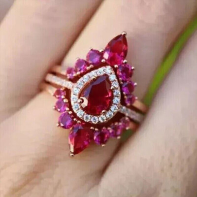 Pear Cut Simulated Pink Ruby Gorgeous Trio Set Band Ring In 14k Rose Gold Plated