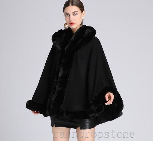 Wool Cashmere Ponchos Faux Fox Fur Trim Cape Cardigan Coat Hooded