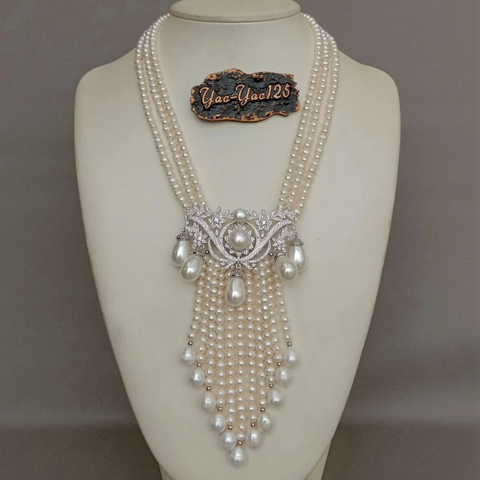 Кулон из культивированного белого жемчуга 19 дюймов 3 ряда с фианитом белая морская раковина жемчуг - Изображение 2 из 4