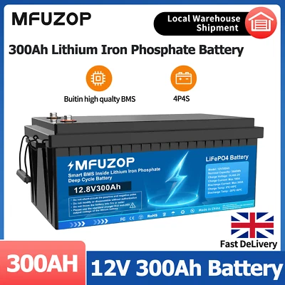 MFUZOP 12V 300AH Lithium Iron Phosphate Battery LiFePO4 Deep Cycle Rechargeable Camping