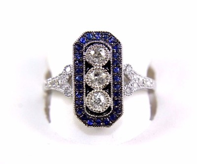 Natural Round Blue Sapphire & Diamond 3 Stone Cluster Ring 14k White Gold .72Ct