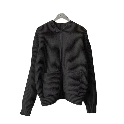 Men Full Zipper Pocket Cardigan Coat Sweater Cardigan Men's Collarless Knitted - Picture 6 of 14