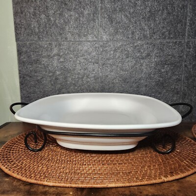 White 14.5'' Square Bowl With Iron Rack - Pfaltzgraff *small crack* See Pics