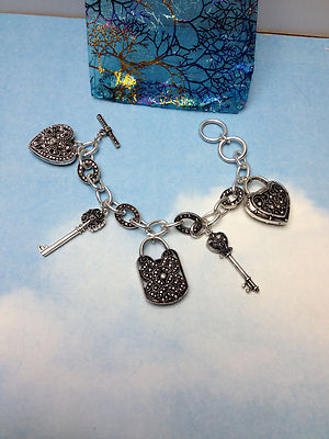 KEY TO MY HEART + HANDBAG PRETTY LADY SILVER CHARM BRACELET TOGGLE LOCK 7-8'' NEW