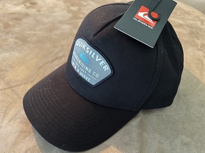 QUIKSILVER Black Trapazoid Blue Patch Logo Solid Hat Cap Snapback Curve Brim NEW