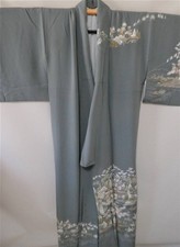 Japanese Kimono Homongi Blue-Green Silk 149cm Used