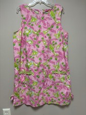 Womens Lilly Pulitzer Pink Green Monkey Hammock Shift Pom Pom Dress Size 16