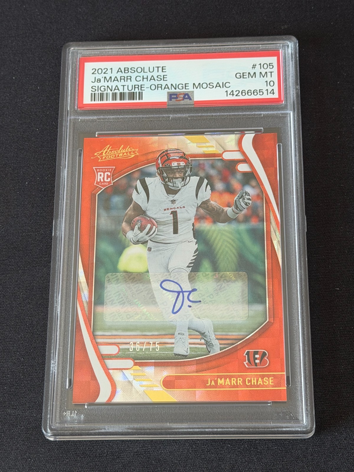 2021 Panini Absolute JA'MARR CHASE #105 Orange Mosaic ROOKIE AUTO /75 PSA 10