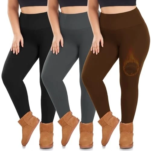  3 Pack Plus Size Fleece Lined Leggings Women  3X-Large Black/Grey/Brown - Image 2 of 4