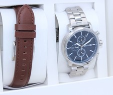 Fossil Rhett Chronograph Silver Blue Brown Men BQ2872SET Watch Set