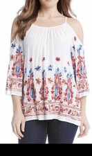 Karen Kane White-Multi Color Floral Embroidered Cold Shoulder Top