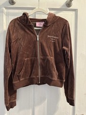 Y2K Juicy Couture Velour Hoodie Zip Up Brown Sequins Logo Crest Women's Size L