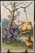 Antique Easter CHICKS On A Swing Violets Embossed Postcard 1900s Germany