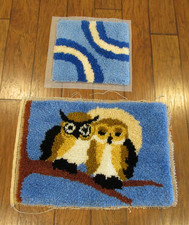 1970's OWL Couple Matching Pillow front Latch hook Wall hanging Rug