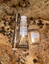 3 Bath & Body Works TOUCH OF GOLD Travel Size Perfume Spray, Hand Cream, + Gel