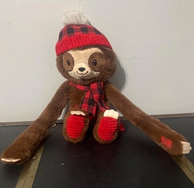 Fiesta Medium Sloth Ve.lcro Stuffed Animal Red Plaid Hat & Scarf Brown Plush Toy