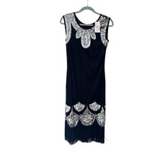 NWT Black Sequin Fringe Flapper Dress Art Deco Gatsby Size by Measurements