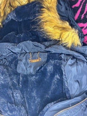 Women's Blue Hooded Puffer Vest Faux Fur Trim Full Zip Mid-Length Sleeveless