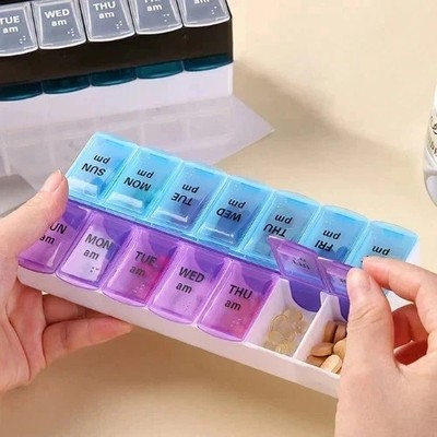 Large 14-compartment AM/PM weekly pillbox, colorful tablet storage box, medical 