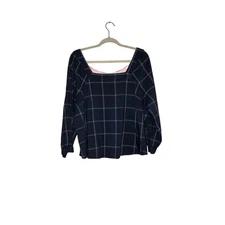 A.N.A Square Neck Flannel Plaid Blouse Navy Long Sleeve Top Size 0X