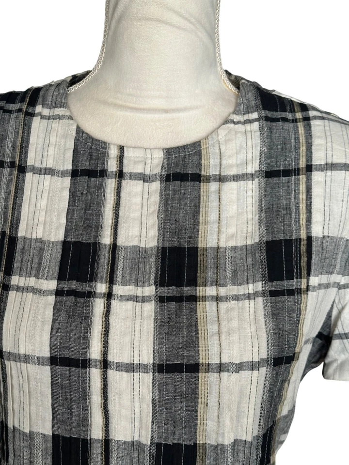 Vintage Black & White Plaid Dress Short Sleeve Midi Cotton Blend Back Tie Sz 14 - Image 3 of 4