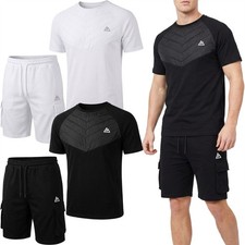 MOUNTAIN Mens Gym Shorts Set Cargo Pockets T Shirt Running Sport Casual Outfit