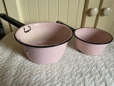 2 VTG Pink Black Rustic Enamelware Sauce Pans Pots Farmhouse Cottage Decor