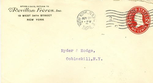 Envelope Revillon Freres New York NY to Cobleskill NY 6/27/1908