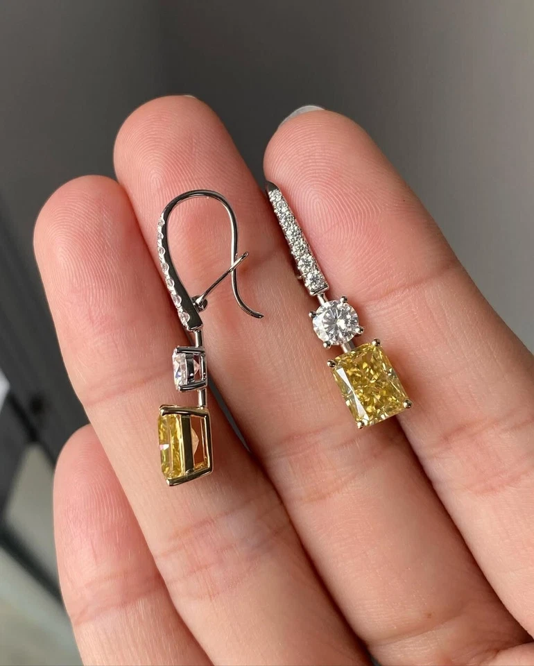 4Ct Radiant Cut Lab-Created Citrine Drop/Dangle Earrings 14K White Gold Plated - Image 2 of 4