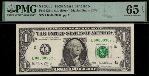 2003A $1 Federal Reserve Note PMG 65EPQ wanted low serial number birthday 307 - Picture 2 of 3