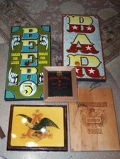 5 Vintage wood Bar Signs Budweiser Wolfschmidt Seagram's ,Beer Bar all wood