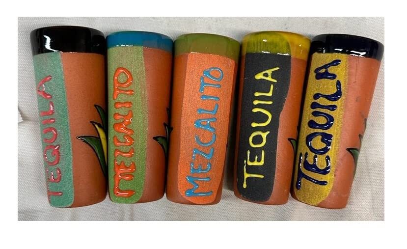 Mexican Hand Painted Pottery Barro Clay Tequila Shots Glasses Set of 5 Assorted