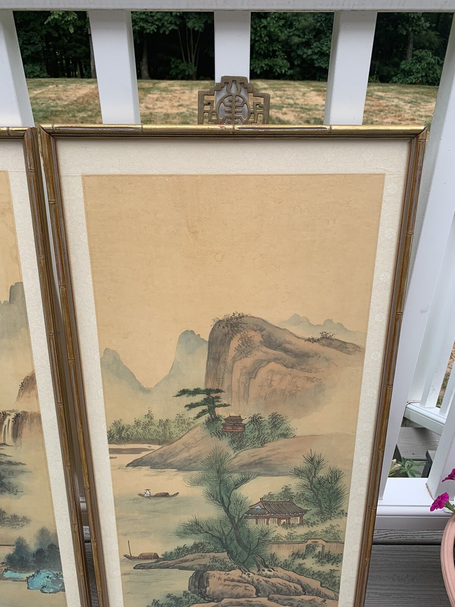 Vintage PAIR Chinese Painting on Silk Landscape Gilt Faux