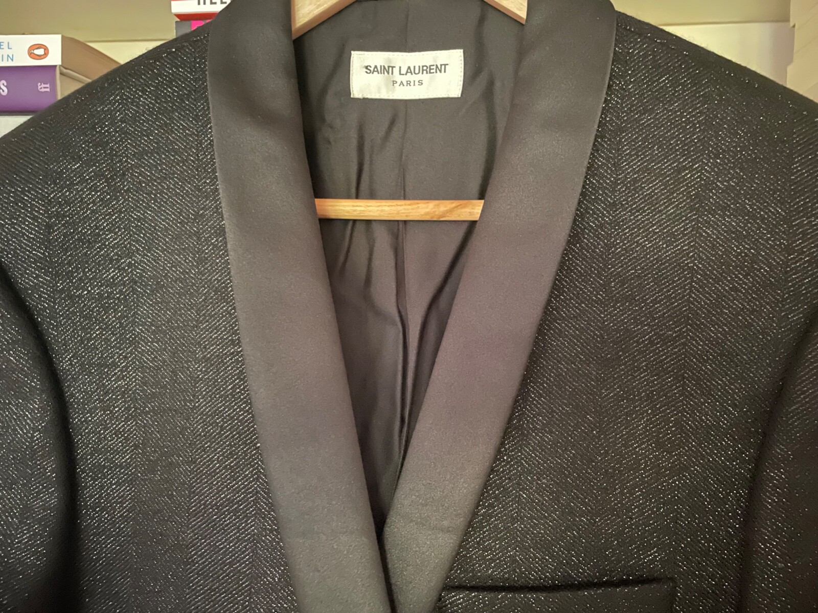 YSL SAINT LAURENT smoking giacca da pranzo nero e argento metallizzato UK44 RRP. £2.799