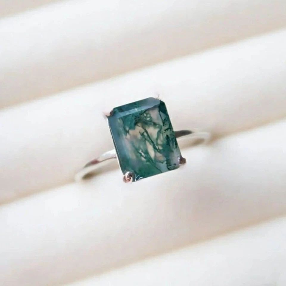 Natürlicher Moosachat Achteckschliff handgefertigter massiver Weißgold 10K pl... - Bild 4 von 4