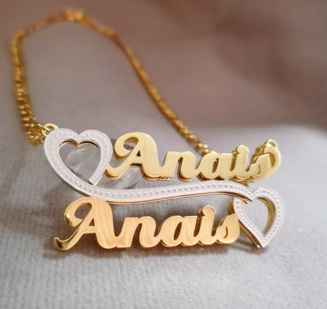 Custom Name Necklace Heart Double Nameplate Gold Silver 3D Pendant Figaro Chain