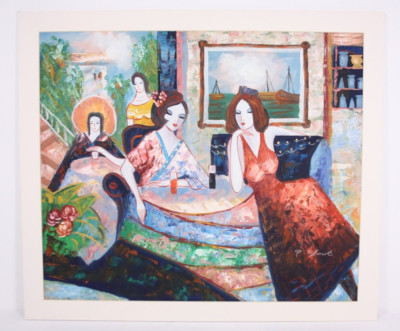 Modern Impressionism Signed P. Sloot Acrylic 24x27 Painting Ladies Tea Cocktails