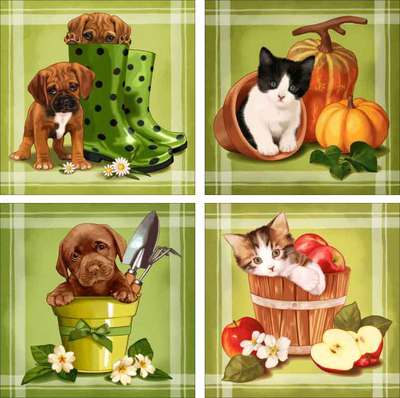 Ceramic Accent & Decor (4) Tile Set Cazenave Garden Dogs Cats MC2-007AT