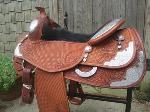 Western Show Sattel 16" auf Öko Leder Büffelle Kastanie mit Trommel gefärbt - Bild 3 von 6
