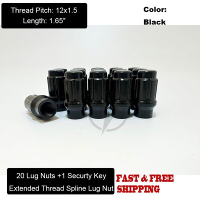 20 Black 6 Spline 12x1.5 Extended Thread Lug Nuts For Chevy Corvette C4 C5 C6 C7