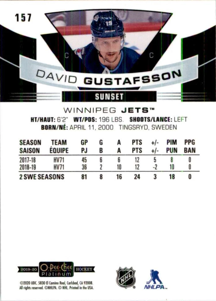 2019-20 O-Pee-Chee Platinum Marquee Rookie Sunset David Gustafsson #157 - Image 2 of 2